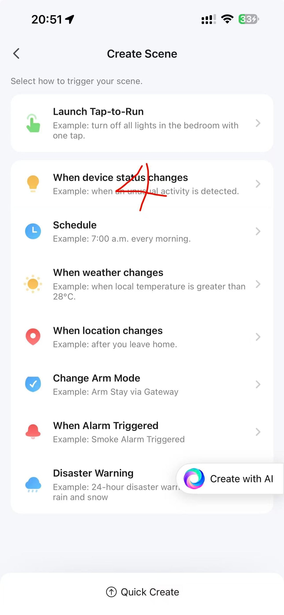Tuya Smart app Create Scene screen for Rovynel pool monitor alert setup