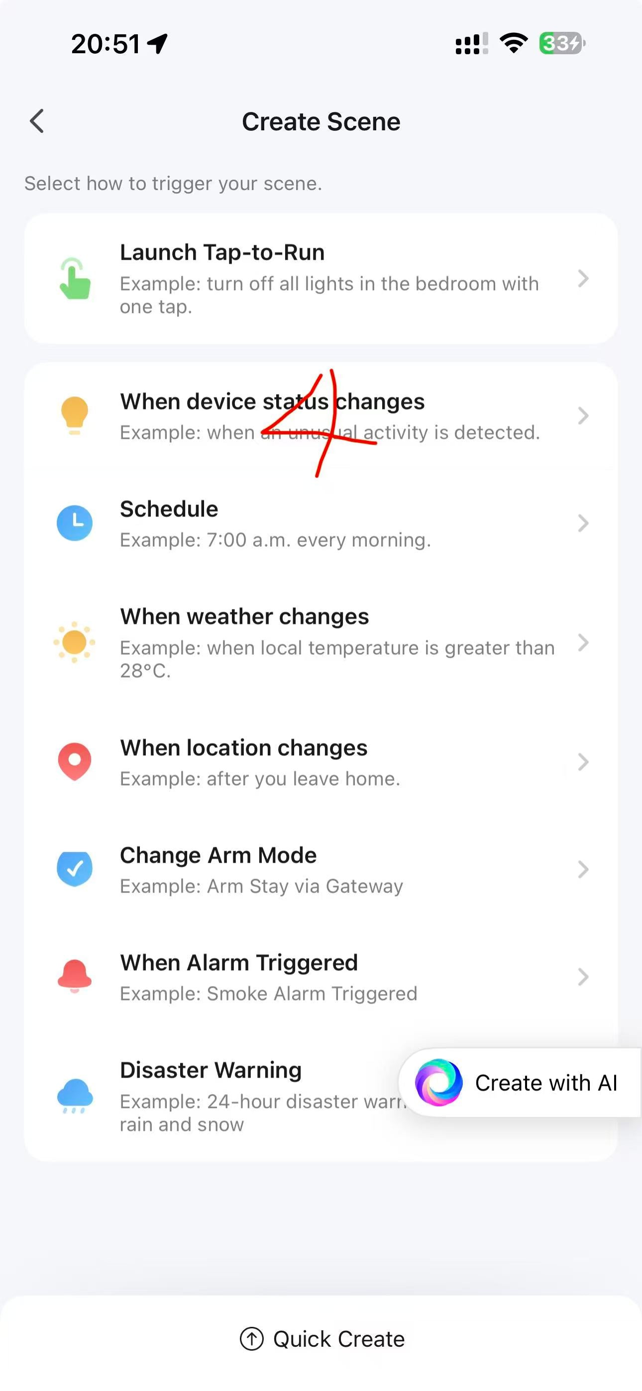 Tuya Smart app Create Scene screen for Rovynel pool monitor alert setup