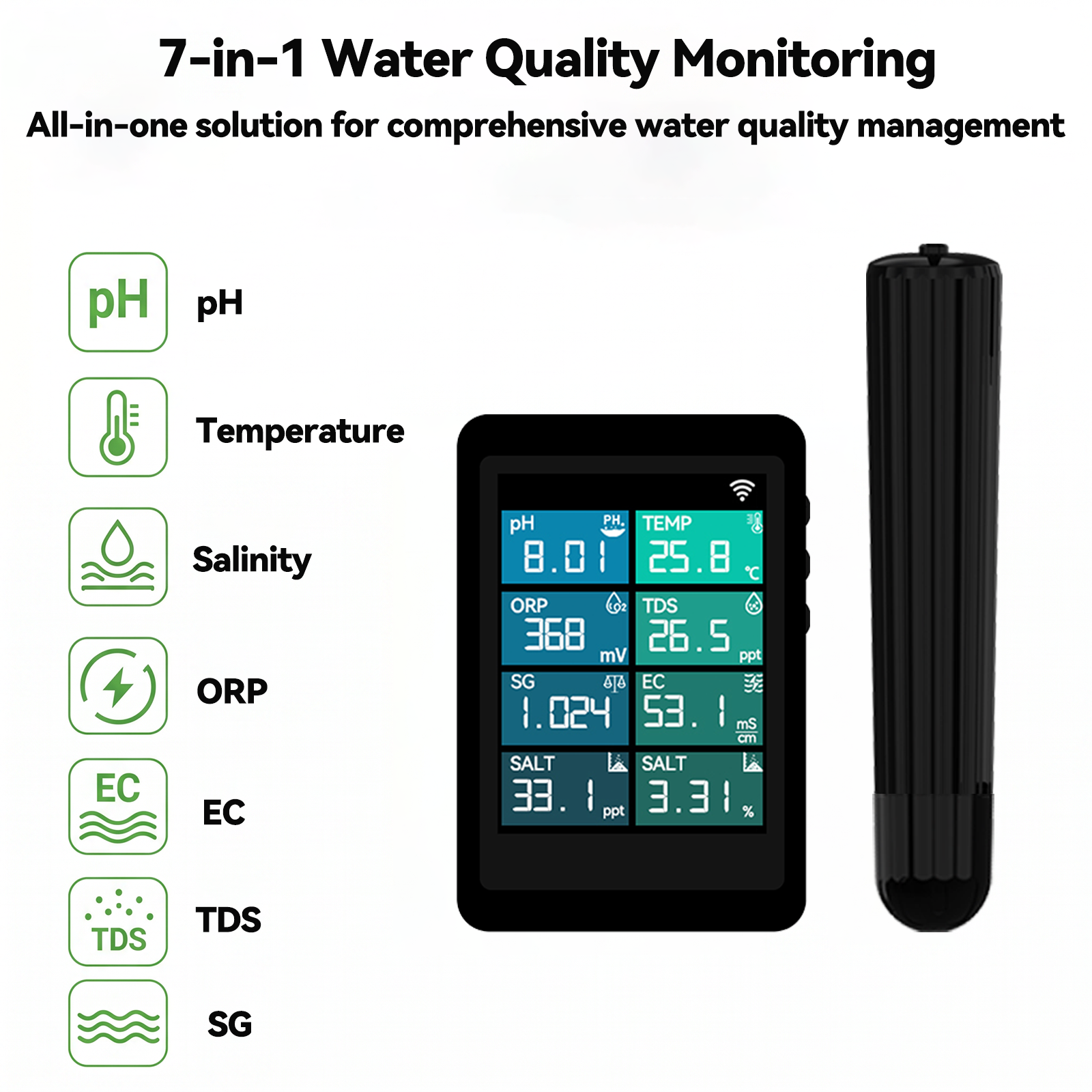 7-in-1 WiFi & Wired RS485 Water Quality Monitor, pH ORP TDS EC Salinity SG Temp Meter, Tuya App Remote Control for Aquarium, Reef, Hydroponics & Koi Pond