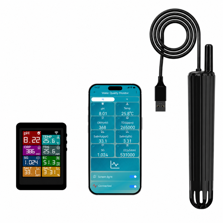 Rovynel 7-in-1 WiFi water quality monitor with display, app and corrected multi-parameter probe