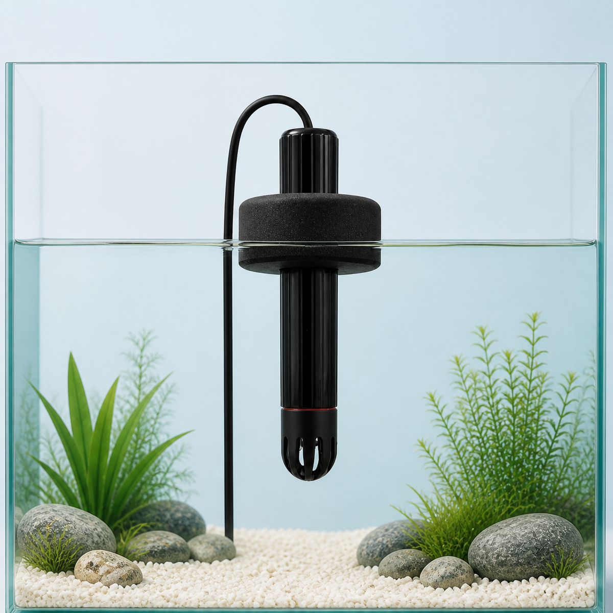 Rovynel 7-in-1 aquarium water quality monitoring probe installed with a floating ring
