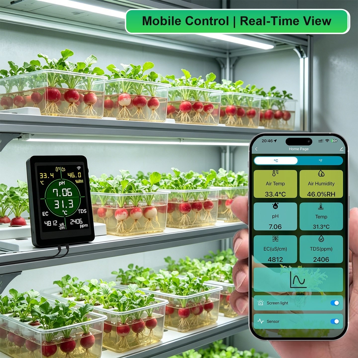 Rovynel HY485 mobile control and real time hydroponic readings