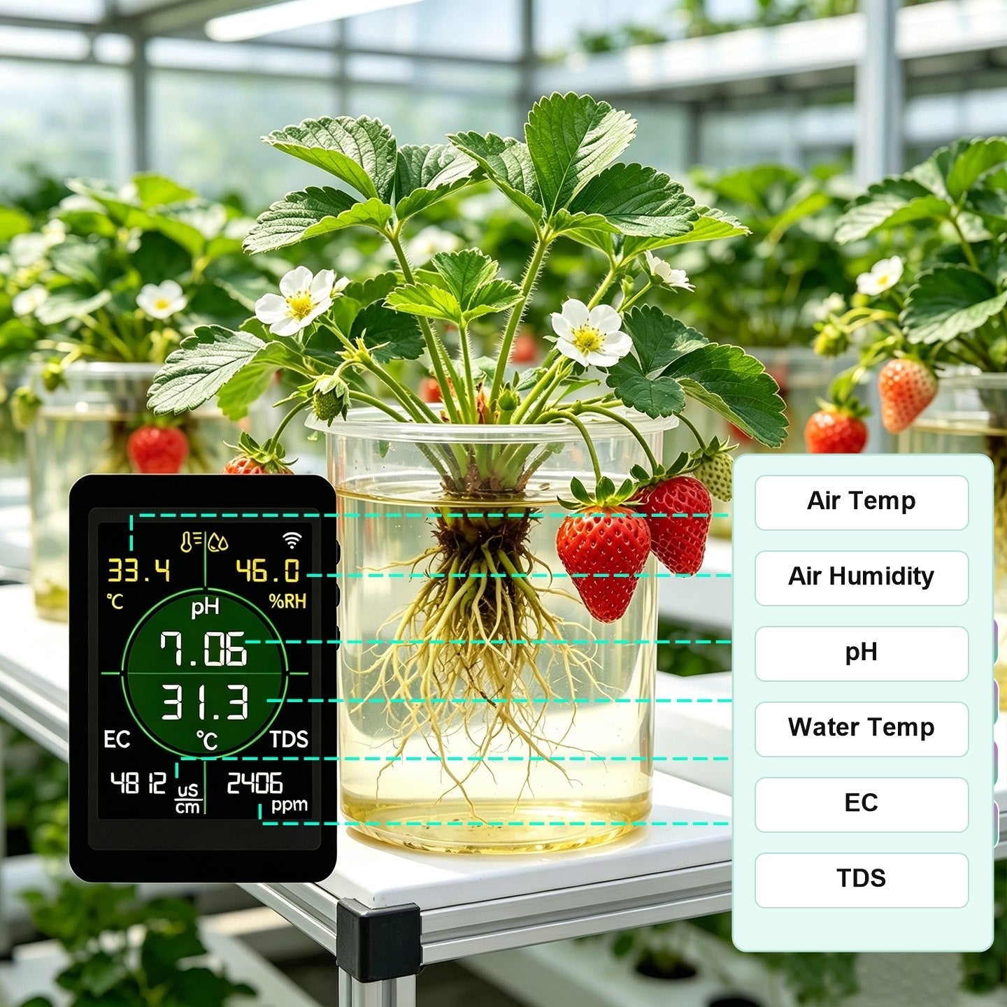 Rovynel HY485 six parameter display for air temperature humidity pH water temperature EC and TDS