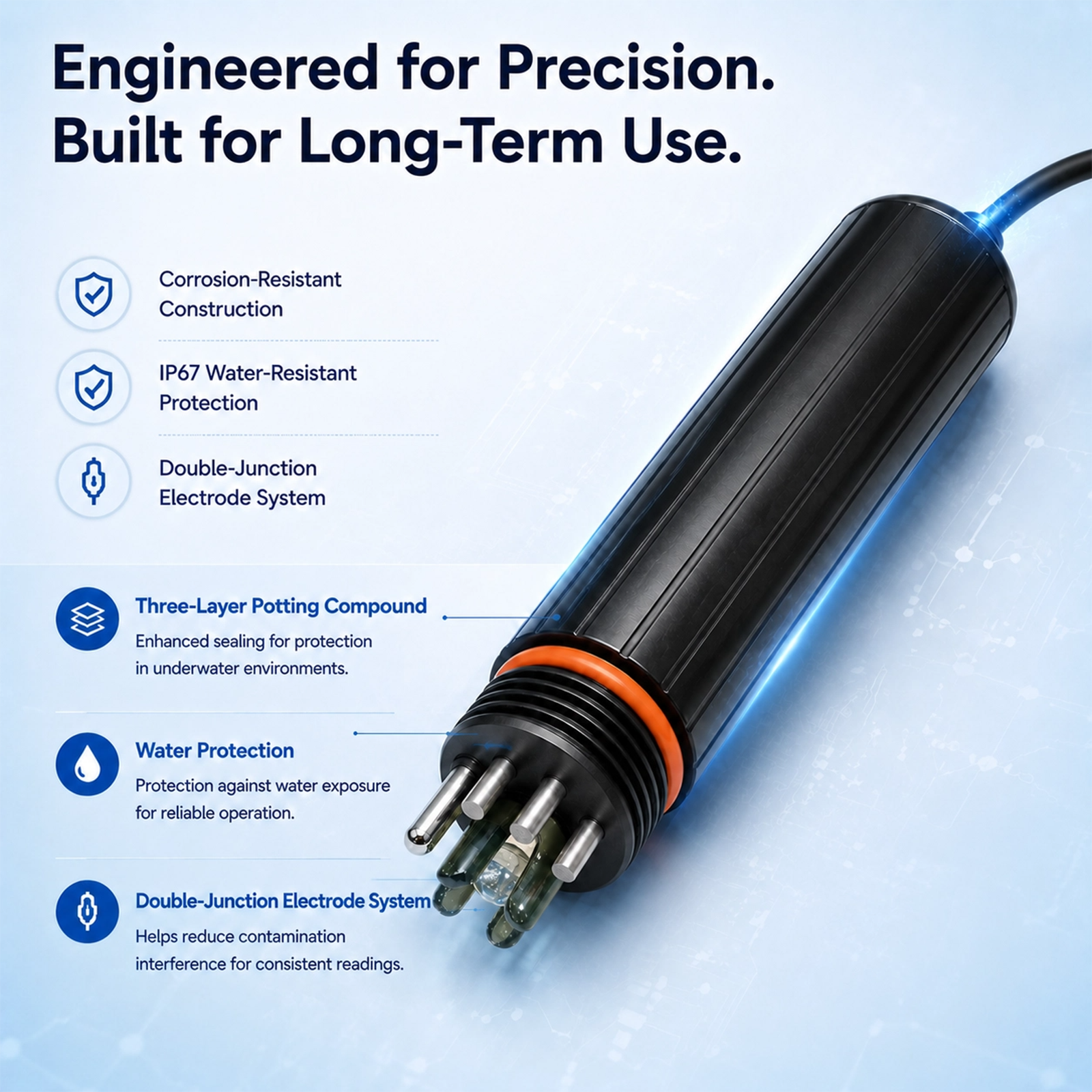 Rovynel RS485 precision probe product image with corrosion resistant construction and IP67 water resistant protection