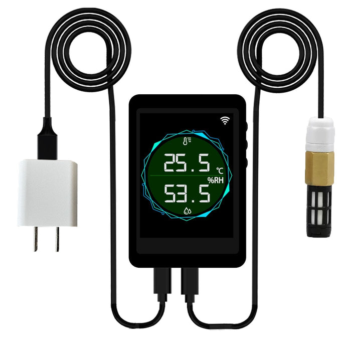 WiFi air temperature and humidity monitor with Tuya app alerts, remote probe and full-color LCD display