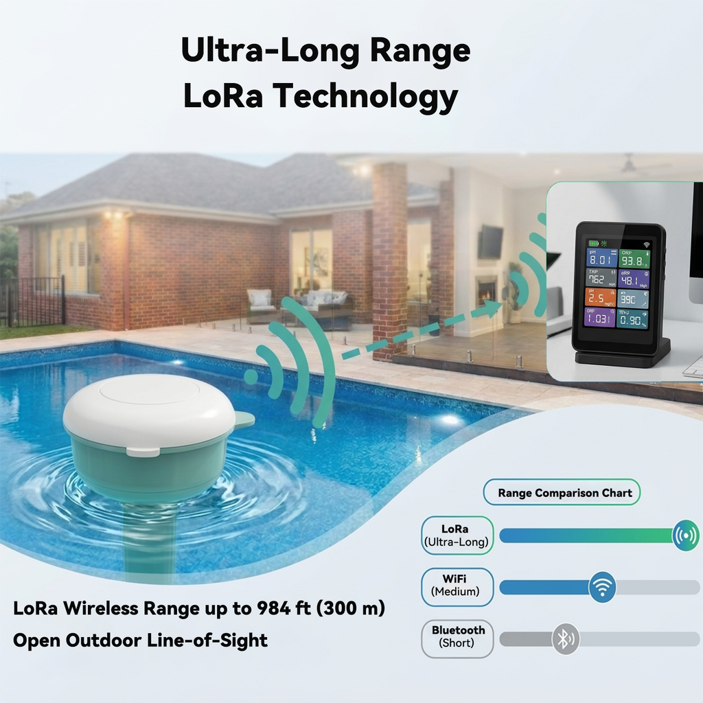 8-in-1 LoRa Smart Pool Water Monitor, Floating Wireless Pool Tester with 2.8-inch Indoor LCD Display & App, Real-Time Chlorine pH Salinity ORP EC SG TDS Temp Monitoring for Pool & Spa